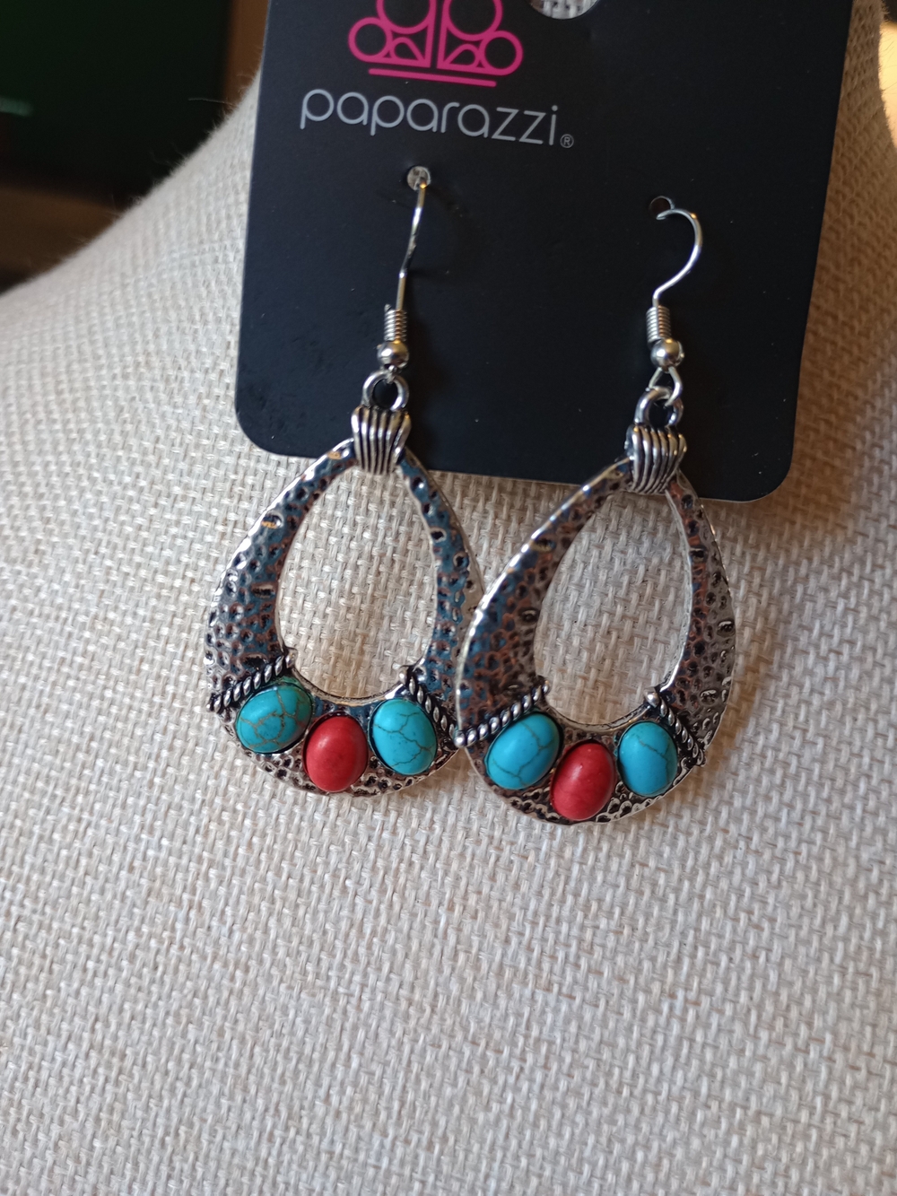 paparazzi Turquoise and Red Stone Silver Teardrop Earrings